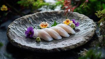 Elegant sushi platter featuring delicate fish slices photo