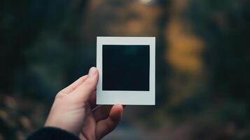 Close-up of a person's hand holding blank polaroid photo