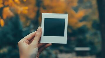 Close-up of a person's hand holding blank polaroid photo