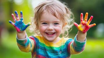 Happy child enjoying colorful finger photo