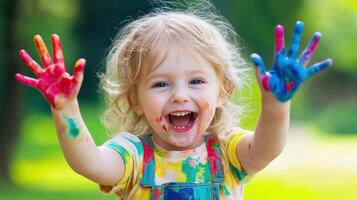 Happy child enjoying colorful finger photo