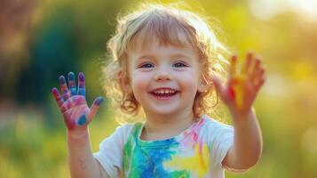 Happy child enjoying colorful finger photo