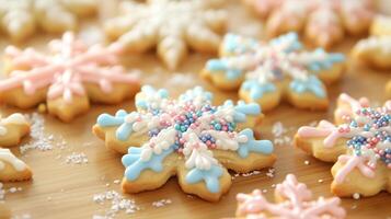 Decorating festive snowflake cookies with colorful sprinkles photo