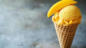 A mango ice cream cone with a slice of mango on top photo