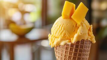 A mango ice cream cone with a slice of mango on top photo