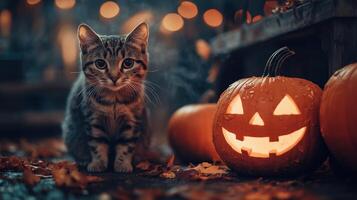 A poster for a halloween party with a cat and pumpkins photo