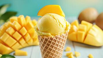 A mango ice cream cone with a slice of mango on top photo