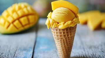 A mango ice cream cone with a slice of mango on top photo