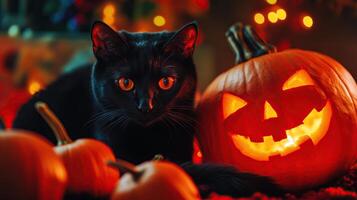 A poster for a halloween party with a cat and pumpkins photo
