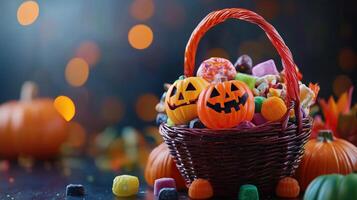 Cute halloween basket full of sweets photo