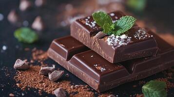 Close up on delicious chocolate bar with mint photo