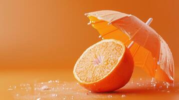 Tangerine fruit with orange umbrella on orange background photo