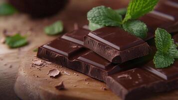 Close up on delicious chocolate bar with mint photo