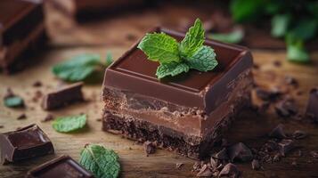 Close up on delicious chocolate bar with mint photo