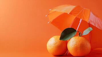 Tangerine fruit with orange umbrella on orange background photo