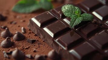 Close up on delicious chocolate bar with mint photo