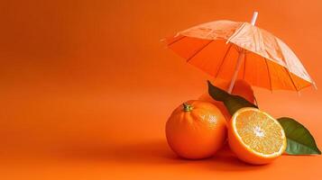 Tangerine fruit with orange umbrella on orange background photo
