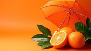 Tangerine fruit with orange umbrella on orange background photo