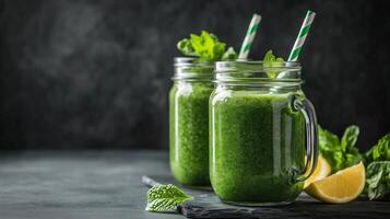 Glass jar mugs with green health smoothie photo