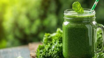 Glass jar mugs with green health smoothie photo
