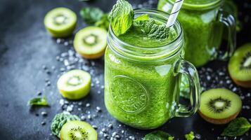 Glass jar mugs with green health smoothie photo