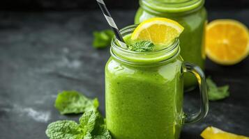 Glass jar mugs with green health smoothie photo
