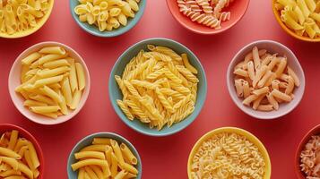 Different pasta arrangement top view photo