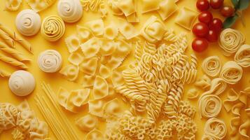 Different pasta arrangement top view photo