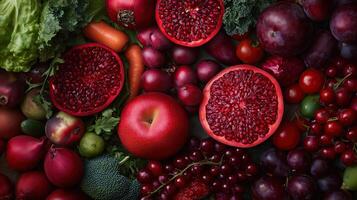 Assortment of different red fruit and vegetable photo