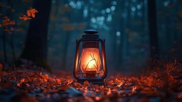 Spooky autumn night lantern illuminates dark forest photo