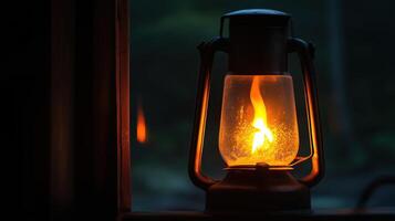 Glowing flame illuminates old lantern lighting up photo
