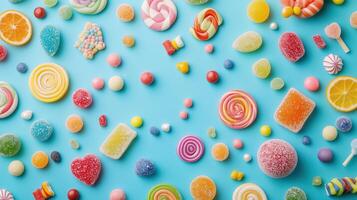 A vibrant flat lay of assorted candies and sweets photo