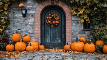 Entrance of a house decorated with pumpkins photo
