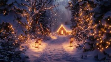 A snowy forest path lit by lanterns photo