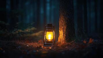 Spooky autumn night lantern illuminates dark forest photo
