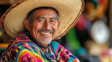 A man wearing a colorful poncho and a large straw hat photo