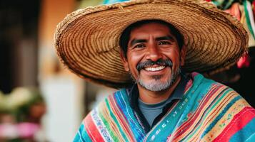 A man wearing a colorful poncho and a large straw hat photo