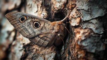 Close-up of a moth resting on a tree bark photo