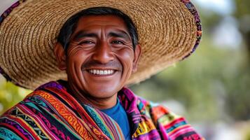 A man wearing a colorful poncho and a large straw hat photo