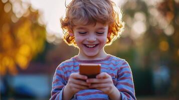 Cheerful kid boy enjoying his smartphone photo