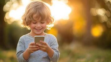 Cheerful kid boy enjoying his smartphone photo