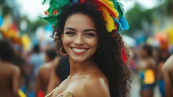 A happy carnival dancer smiling as they walked through a city photo
