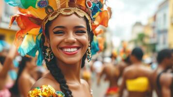 A happy carnival dancer smiling as they walked through a city photo