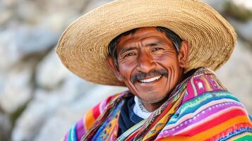 A man wearing a colorful poncho and a large straw hat photo