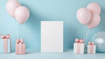 Greeting Card with Balloons and Gift Boxes Template photo