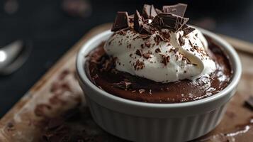 Indulgent dark chocolate dessert with creamy whipped topping photo