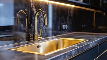 luxury kitchen sink with gold faucet photo