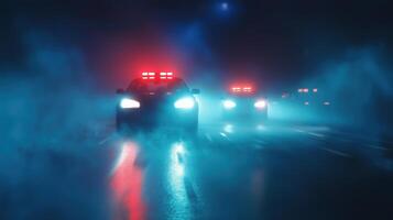 Night Patrol Drama Fog-Enveloped Police Car Chase photo