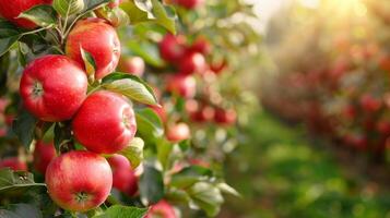 Bright red ripe apples on a tree branch in a summer garden photo