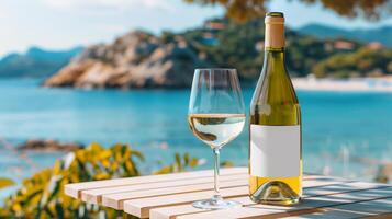Bottle of with an blank mock-up label and a glass served on the wooden table on the beach photo
